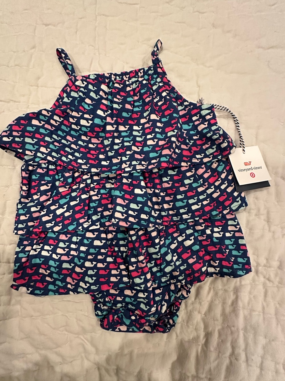Vineyard Vines Navy/Pink Ruffle Whale Print Romper/swimsuit 3-6 Month